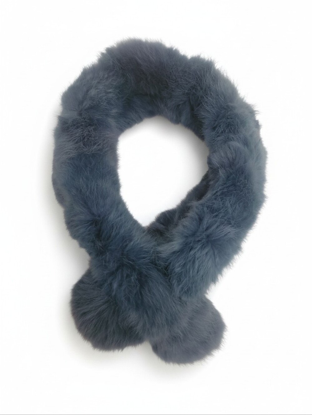 Plush Peacock Blue Rabbit Fur Scarf with Pom-Poms